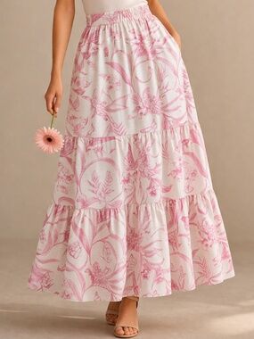 Haver & Blair Linen Blend Floral Boho Maxi Skirt with Pockets Cottagecore Small